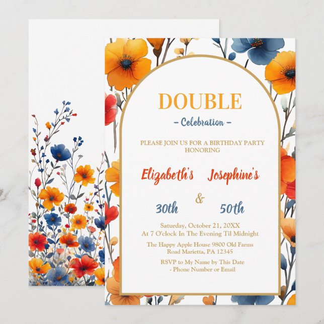 Elegant Floral double joint birthday celebration Invitation (Front/Back)