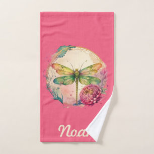 Elegant Floral Dragonfly w/ Custom Name Bath Towel Set