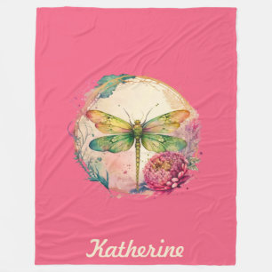 Elegant Floral Dragonfly w/ Custom Name Fleece Blanket