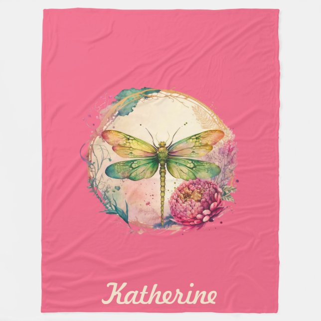 Elegant Floral Dragonfly w/ Custom Name Fleece Blanket (Front)