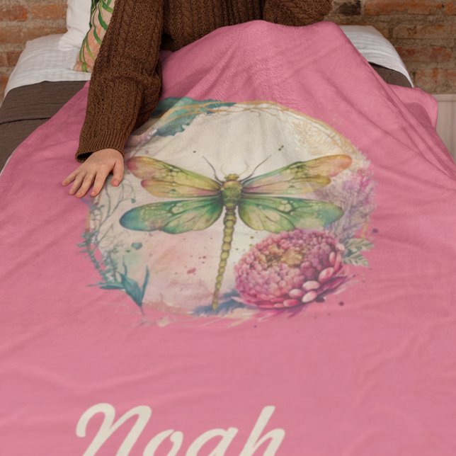 Elegant Floral Dragonfly w/ Custom Name Fleece Blanket (Creator Uploaded)