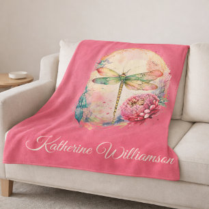 Elegant Floral Dragonfly w/ Custom Name Sherpa Blanket