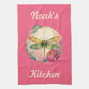 Elegant Floral Dragonfly w/ Custom Name Tea Towel