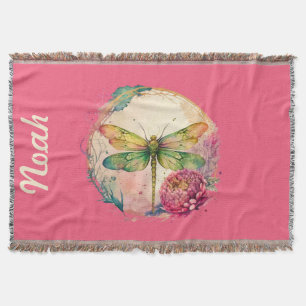 Elegant Floral Dragonfly w/ Custom Name Throw Blanket
