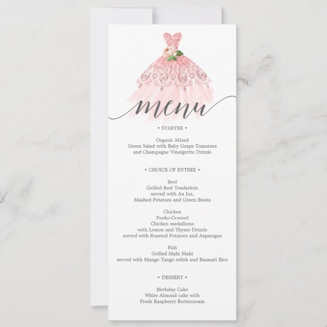 Elegant Floral Dress Quinceanera Menu Invitation (Front)