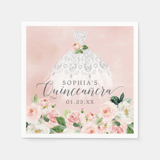 Elegant Floral Dress Quinceanera Napkins (Front)