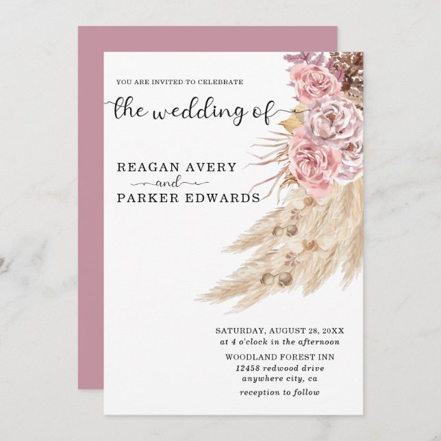 Elegant Floral Dried Pampas Grass Wedding Invitation (Front/Back)