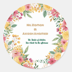 Elegant Floral Dual Name Bridal Shower Invitation Classic Round Sticker
