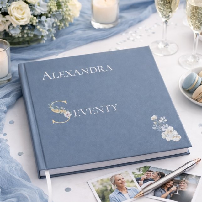 Elegant Floral Dusty Blue 70th Birthday Silver Guest Book (Creator Uploaded)