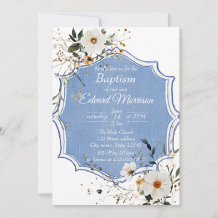 Elegant Floral Dusty Blue Baptism Invitation