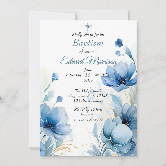 Elegant Floral Dusty Blue Baptism Invitation (Front)
