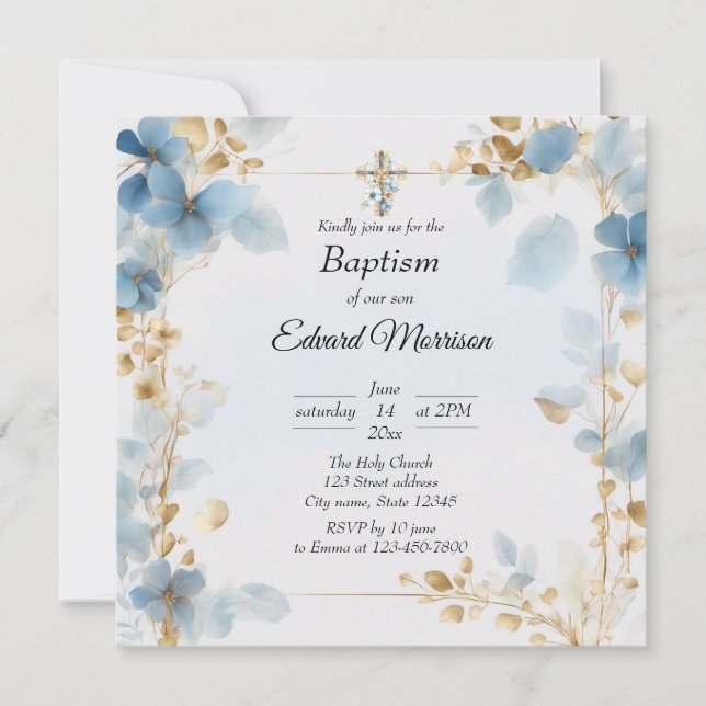 Elegant Floral Dusty Blue Baptism Invitation (Front)