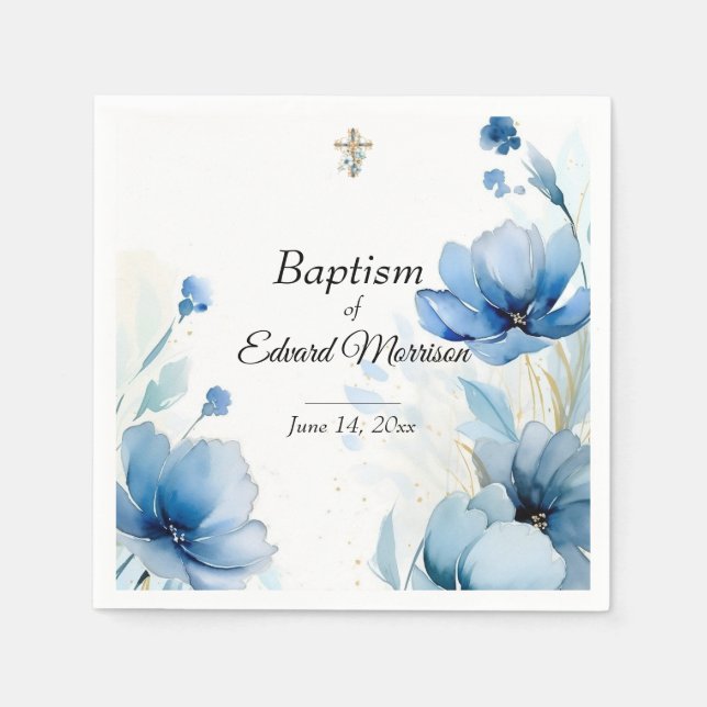 Elegant Floral Dusty Blue Baptism Napkin (Front)