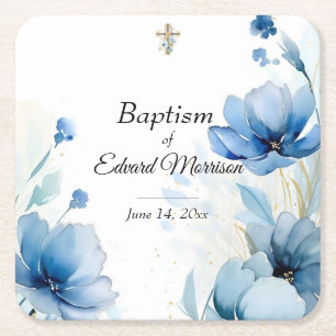 Elegant Floral Dusty Blue Baptism Square Paper Coaster