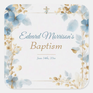 Elegant Floral Dusty Blue Baptism Square Sticker