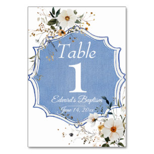 Elegant Floral Dusty Blue Baptism Table Number