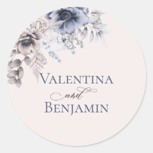Elegant floral Dusty blue beige wedding Classic Round Sticker