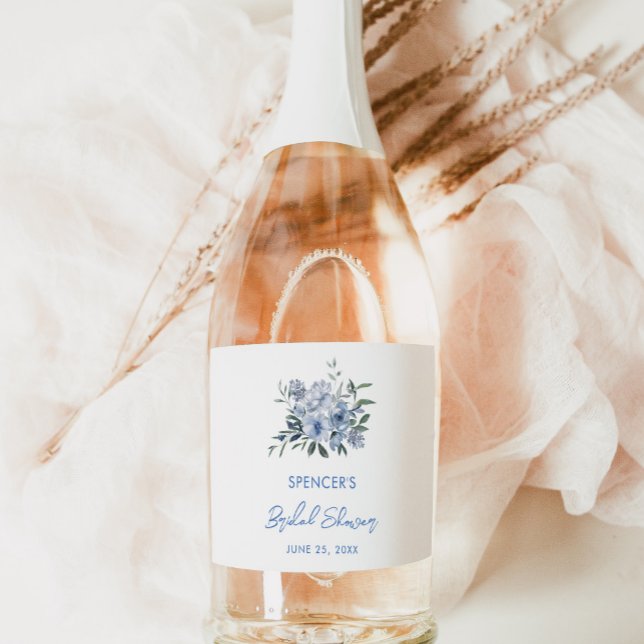 Elegant Floral Dusty Blue Bridal Shower Favour Sparkling Wine Label (Creator Uploaded)