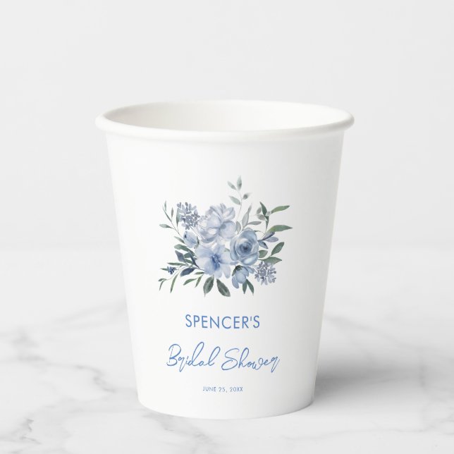 Elegant Floral Dusty Blue Bridal Shower Paper Cups (Front)