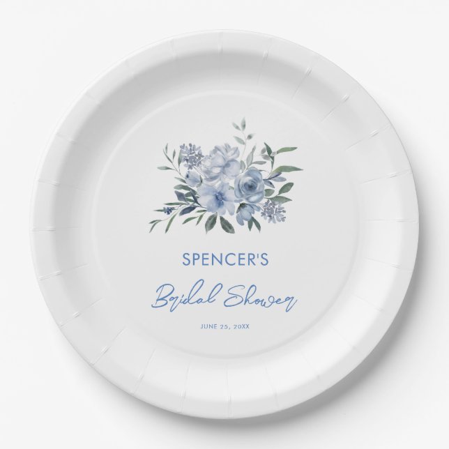 Elegant Floral Dusty Blue Bridal Shower Paper Plate (Front)