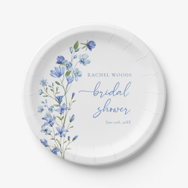 Elegant Floral Dusty Blue Bridal Shower Paper Plate (Front)