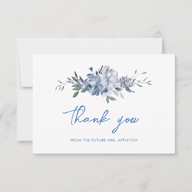 Elegant Floral Dusty Blue Bridal Shower Thank You Card (Front)