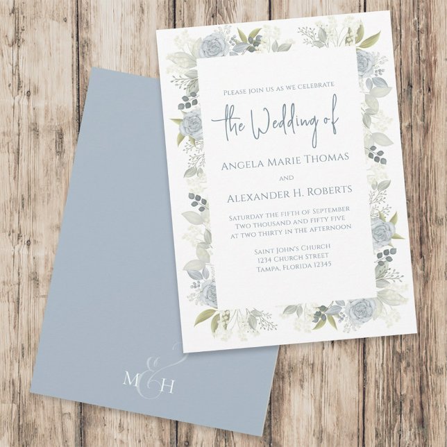 Elegant Floral Dusty Blue Classic Rose Flowers  Invitation (Creator Uploaded)