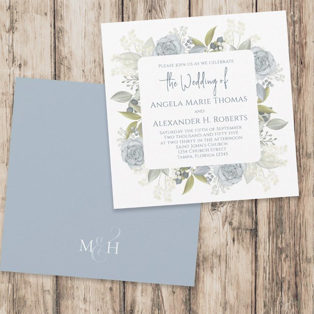 Elegant Floral Dusty Blue Classic Rose Flowers  Invitation (Creator Uploaded)