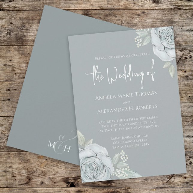 Elegant Floral Dusty Blue Classic Rose Flowers Invitation (Creator Uploaded)