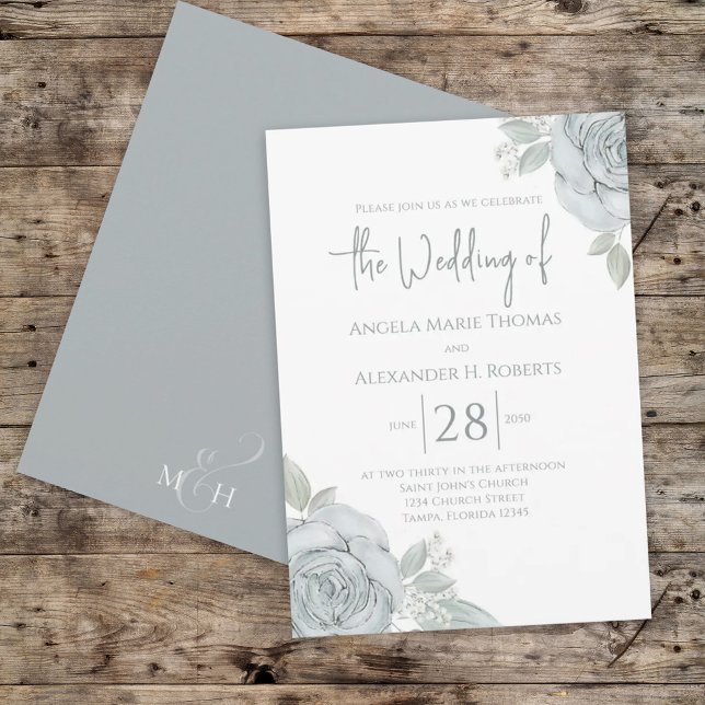 Elegant Floral Dusty Blue Classic Rose Flowers Invitation (Creator Uploaded)