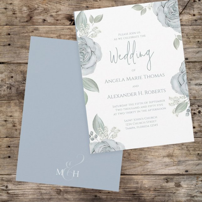 Elegant Floral Dusty Blue Classic Rose Flowers Invitation (Creator Uploaded)