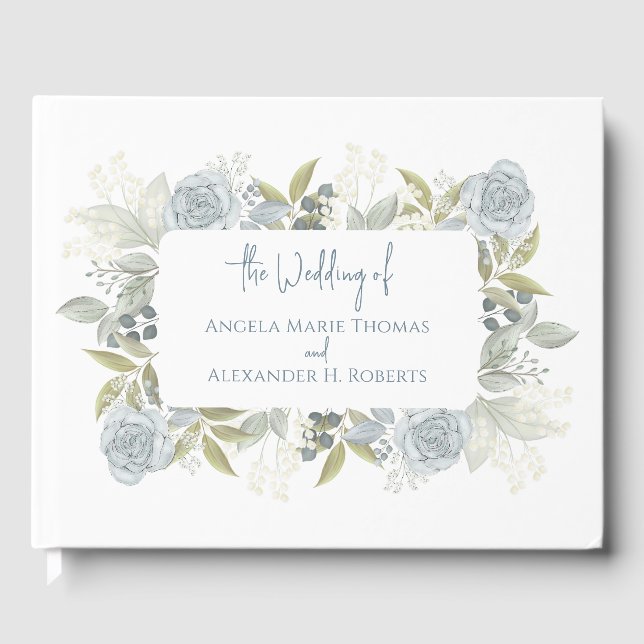 Elegant Floral Dusty Blue Classic Rose Greenery Guest Book (Front)