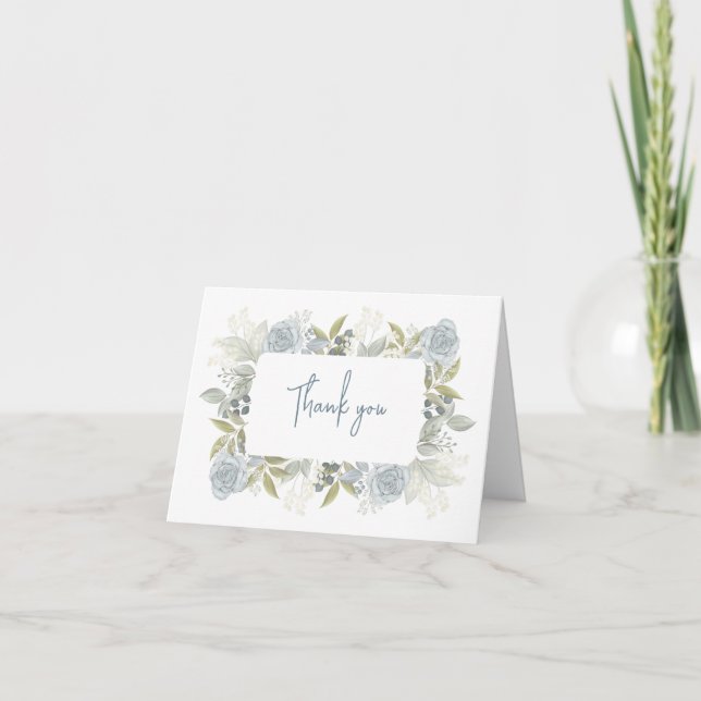Elegant Floral Dusty Blue Classic Rose Greenery Thank You Card (Front)