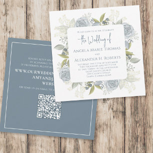 Elegant Floral Dusty Blue Classic Rose QR Code  Invitation