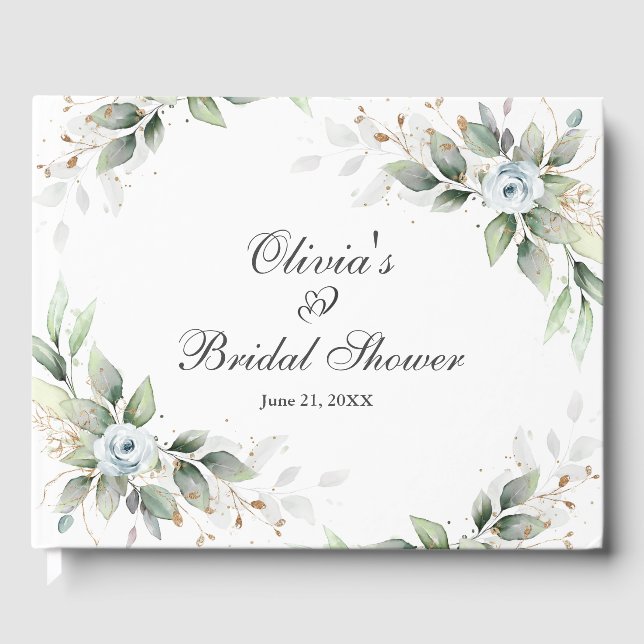 Elegant Floral Dusty Blue Greenery Bridal Shower Guest Book (Front)