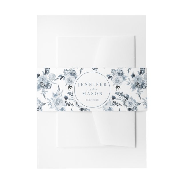 Elegant floral dusty blue grey Wedding Invitation Belly Band (Front Example)