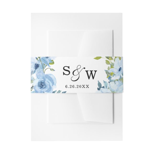 Elegant Floral Dusty Blue Invitation Belly Band (Front Example)