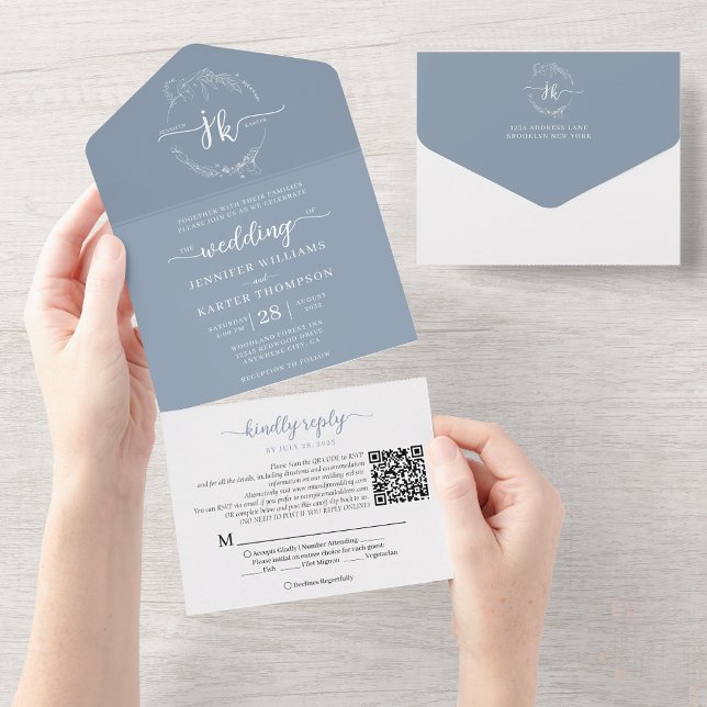 Elegant Floral Dusty Blue Monogram QR Code Wedding All In One Invitation (Creator Uploaded)