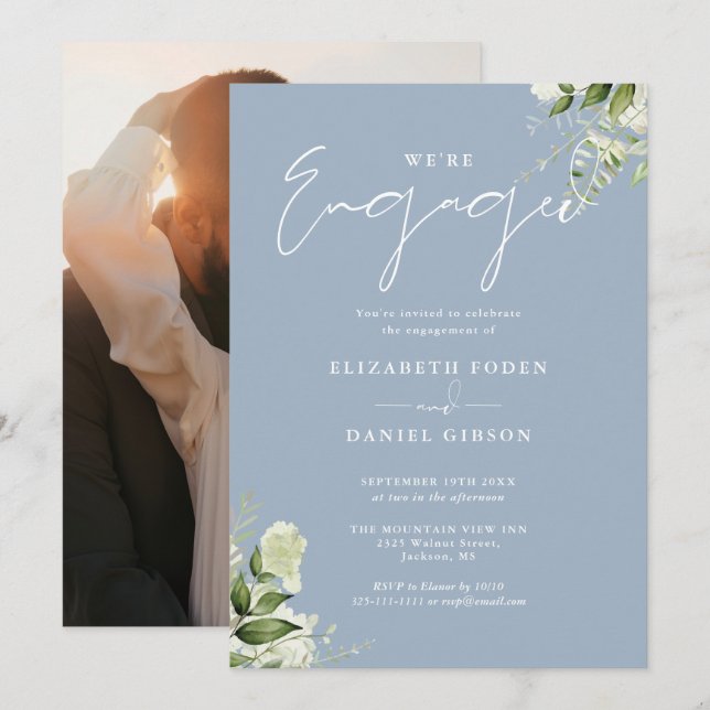 Elegant Floral Dusty Blue Photo Engagement Party Invitation (Front/Back)