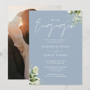 Elegant Floral Dusty Blue Photo Engagement Party Invitation