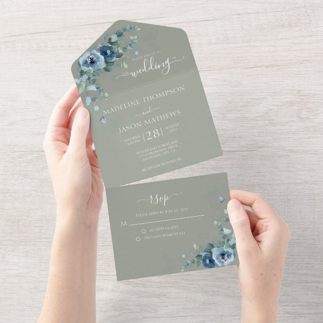Elegant Floral Dusty Blue Plain Sage Green Wedding All In One Invitation (Tearaway)