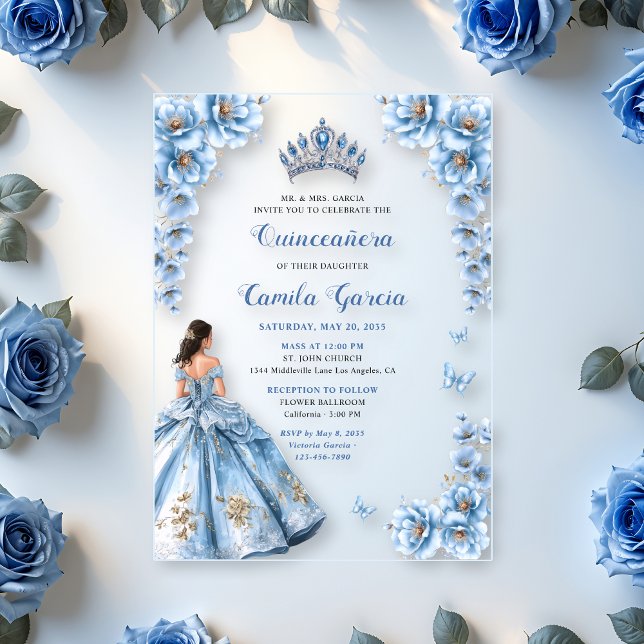 Elegant Floral Dusty Blue Princess Quinceañera Acrylic Invitations (Creator Uploaded)