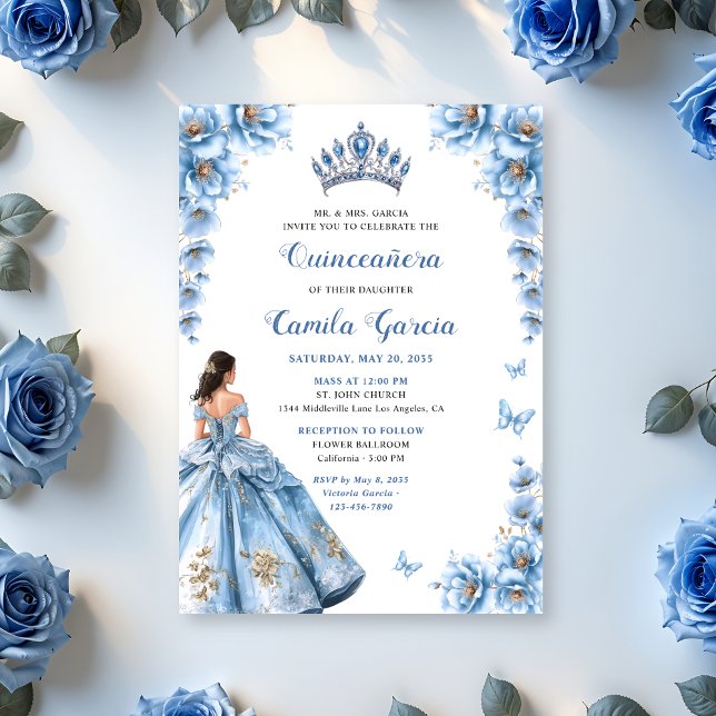 Elegant Floral Dusty Blue Princess Quinceañera Invitation (Creator Uploaded)