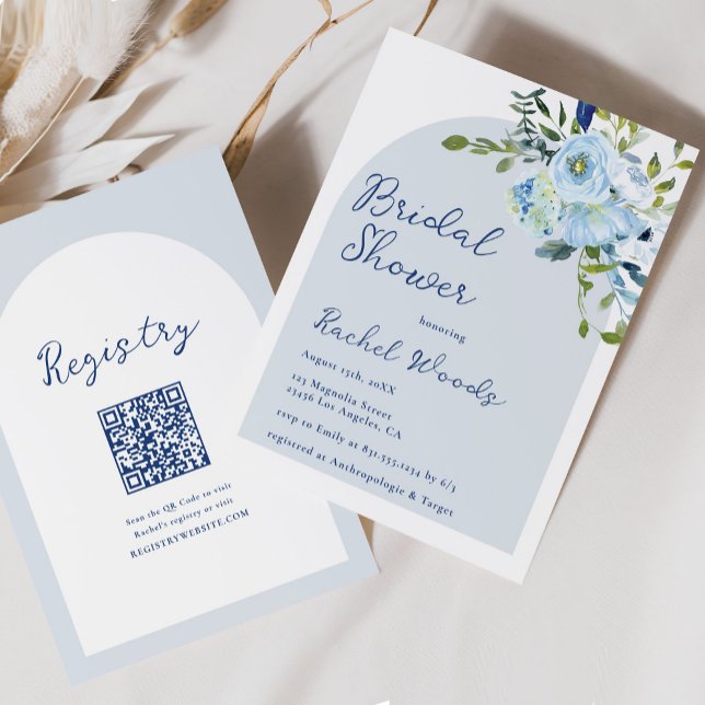 Elegant Floral Dusty Blue Qr Code Bridal Shower Invitation (Creator Uploaded)