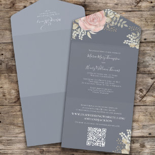 Elegant Floral Dusty Blue Wedding All In One Invitation