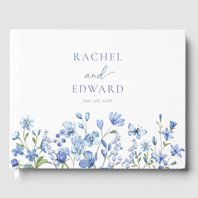 Elegant Floral Dusty Blue Wedding Guest Book (Front)