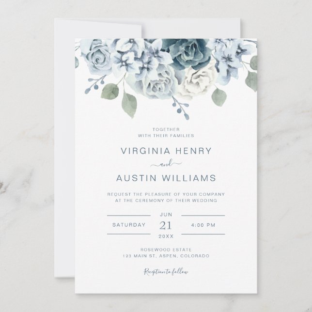 Elegant Floral Dusty Blue Wedding Invitation (Front)