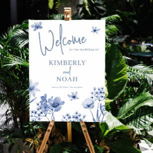 Elegant floral dusty blue wedding welcome sign