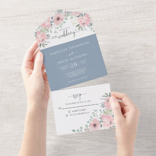 Elegant Floral Dusty Blush Pink Watercolor Wedding All In One Invitation