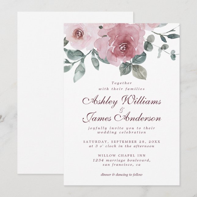 Elegant Floral Dusty Pink Rose Burgundy Wedding Invitation (Front/Back)